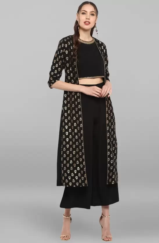 Women Ethnic Jacket, Blouse and Palazzo/Trouser Set Poly Crepe