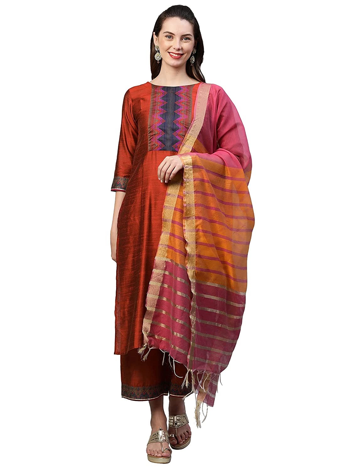 INDO ERA Women's Pure Cotton Solid Straight Kurta Palazzo With Dupatta Set (IE10KS4BE1096)