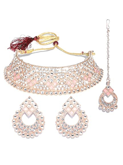 Priyaasi Pink Kundan Stones Rose Gold Plated Choker Set with MaangTikka