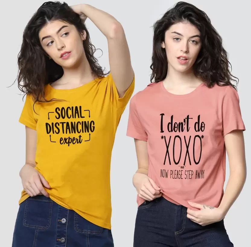 Typography Women Round Neck Pink, Yellow T-Shirt  (Pack of 2)