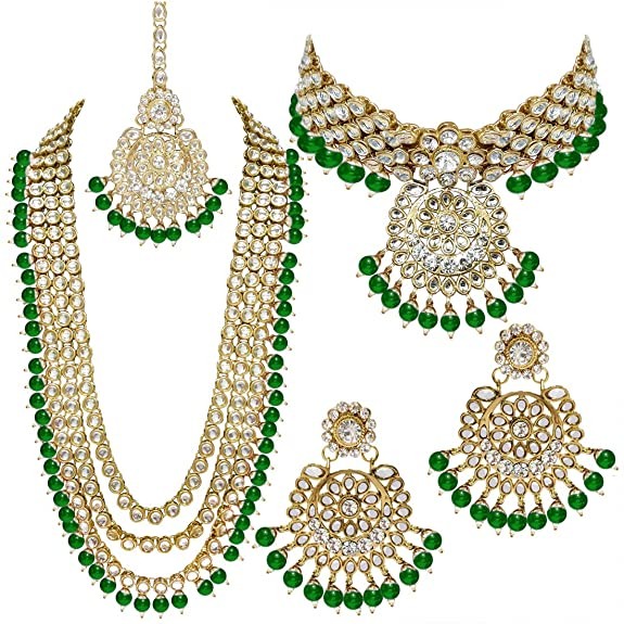 Peora 18K Gold Plated Kundan Faux Bead Bridal Necklace Jewellery Set for Women Girls
