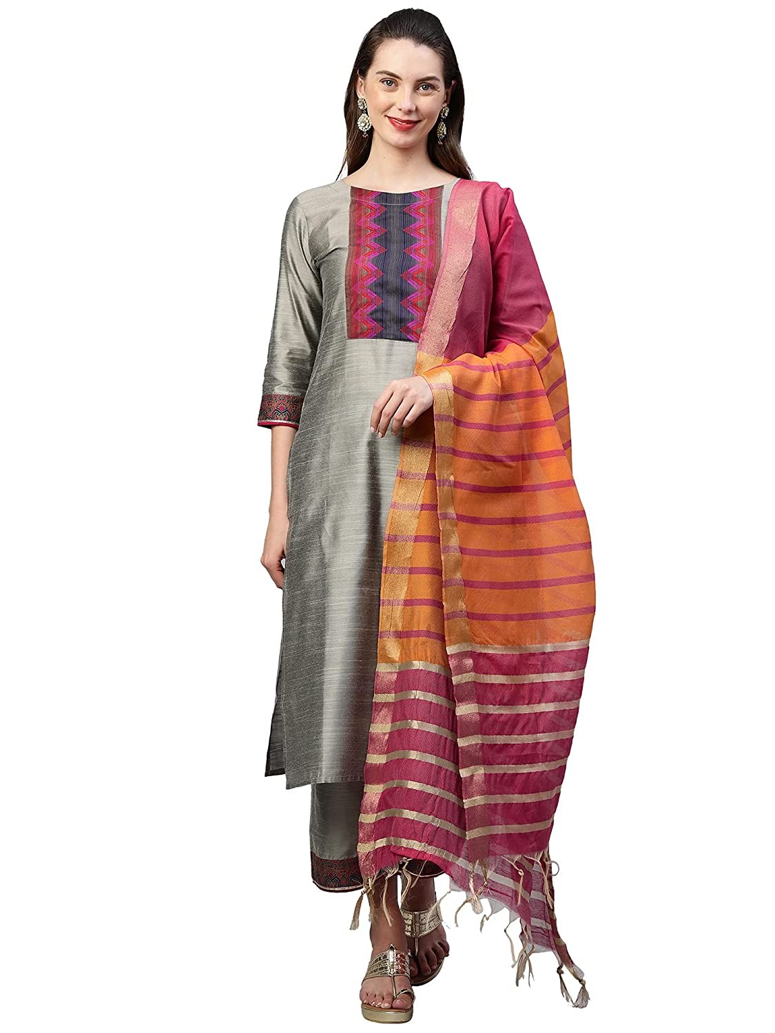INDO ERA Women's Pure Cotton Solid Straight Kurta Palazzo With Dupatta Set (IE10KS4BE1096)