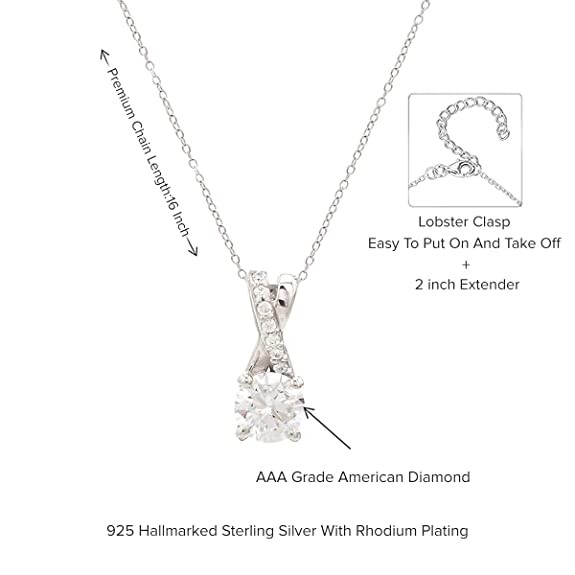 Ornate Jewels Pure 925 Sterling Silver Round American Diamond 18" Chain Solitaire Pendant for Women & Girls With Certificate of Authenticity & Hallmark