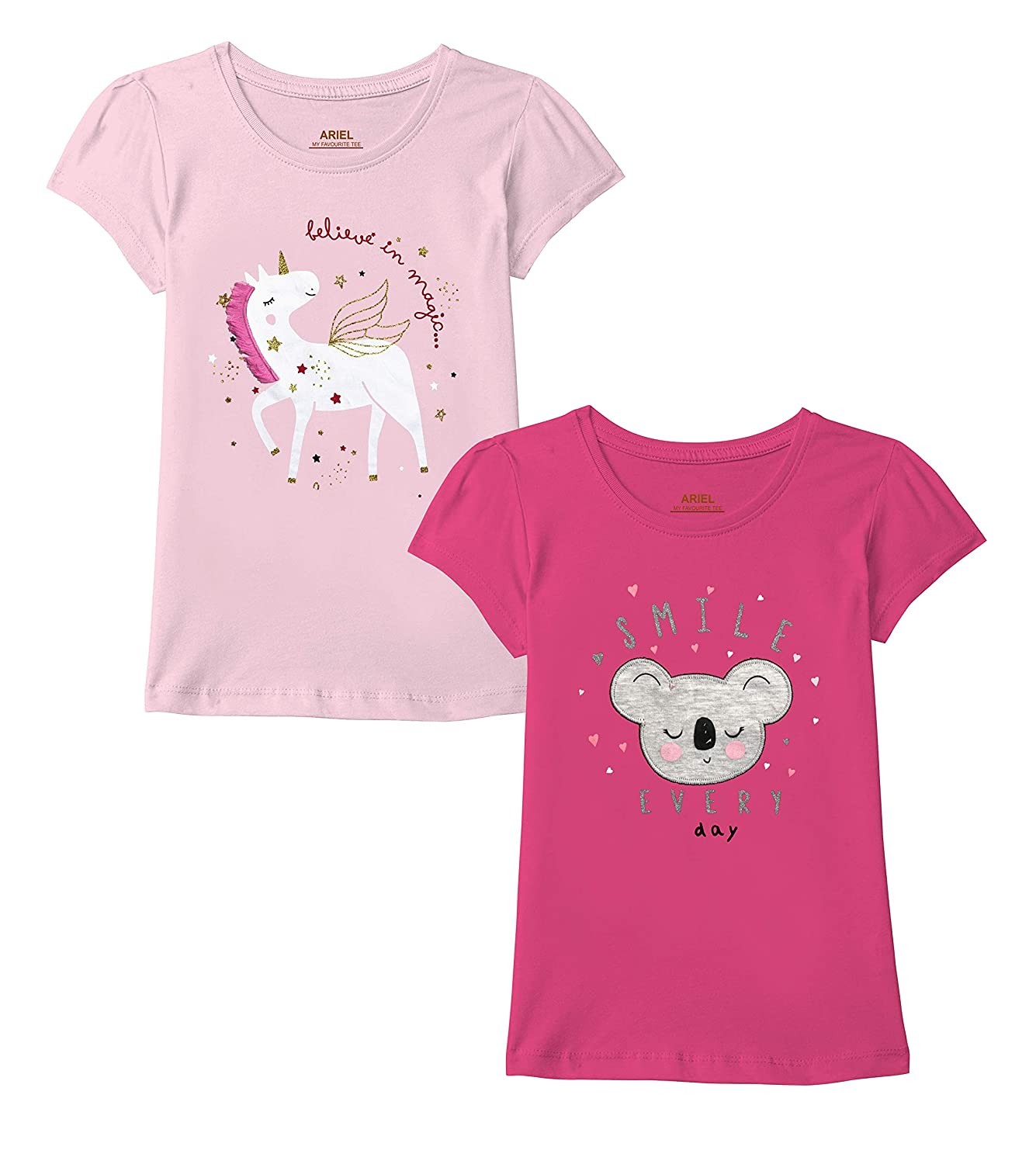 ARIEL Girls Regular Fit Half Sleeves Tshirt (Pack of 2)