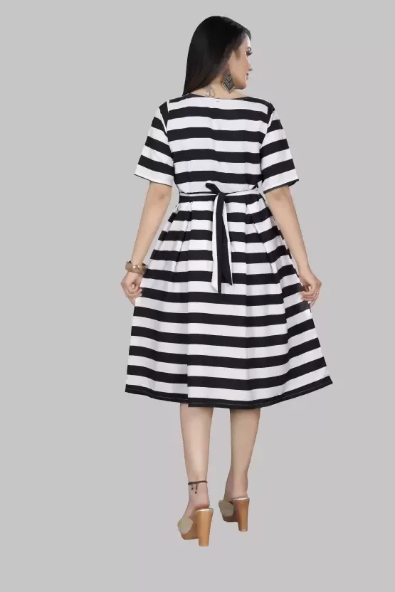 Women Fit and Flare White, Black Dress