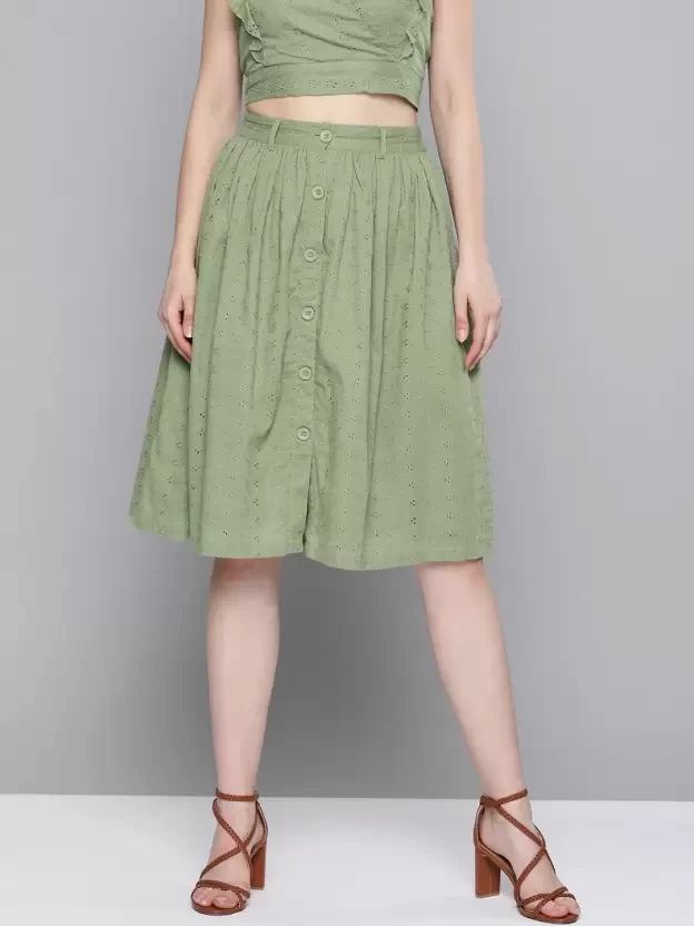Women Self Design Gathered Green Skirt