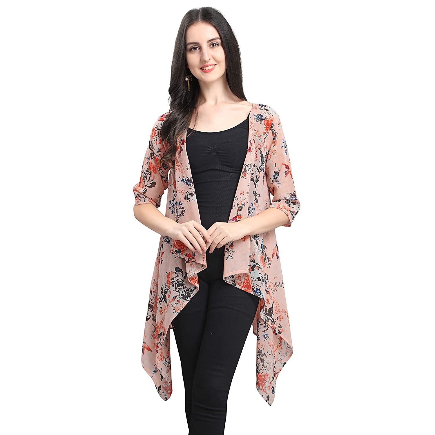 Serein Women's Shrug (Light peach floral print Shrug / Jacket with 3/4th