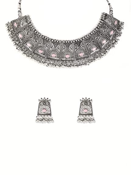 Jazz And Sizzle Pink Stones Studded Oxidised Silver Plated Necklace Set With Earrings for Girls and Women- Set of 1