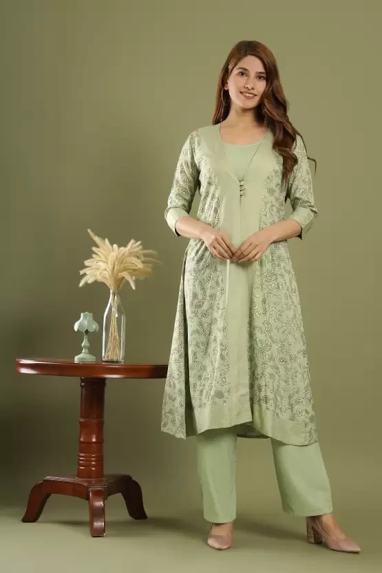 Women Ethnic Jacket, Top and Palazzo Set Cotton Rayon Blend