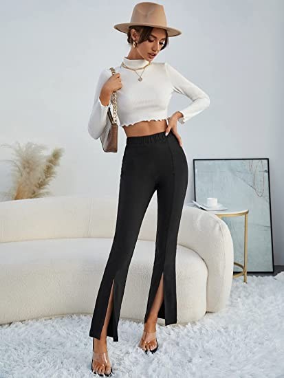 dockstreet Women's Elastic High Waist Split Hem Flare Leg Elegant Long Pants