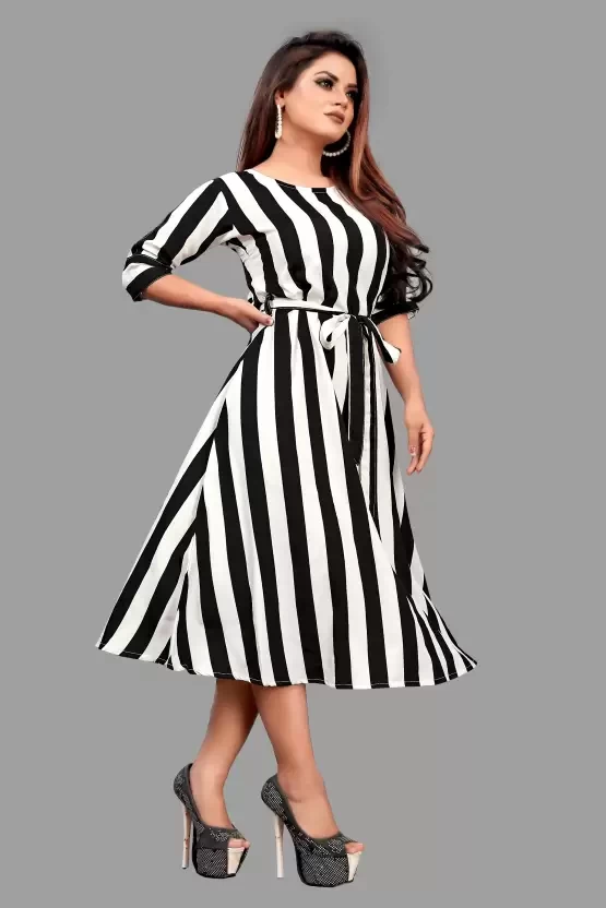 Women A-line Black, White Dress