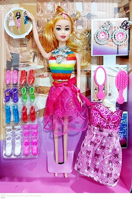 Amitasha Beautiful Doll with Movable Hands, Designer Shoes Make Up Accessories for Girls - Multicolor