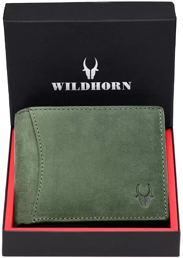 Men Casual Green Genuine Leather Wallet - Regular Size  (9 Card Slots)