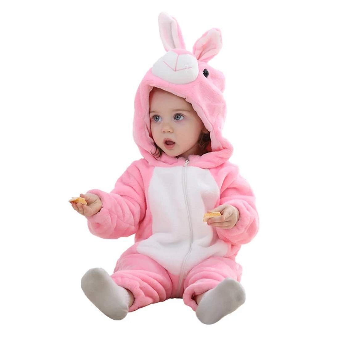 First Kick Unisex Baby Flannel Jumpsuit Panda Style Cosplay Clothes Bunting Outfits Snowsuit Hooded Romper Outwear (Pink White, 6-9 Months)