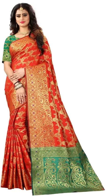 Self Design, Embellished Handloom Jacquard, Poly Silk Saree  (Green, Orange)