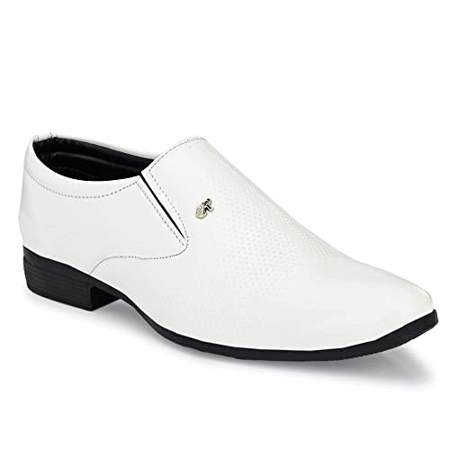 GELLWOJ Men's White Formal Shoes Black Synthetic Leather Formal Slip on Office, College Shoes for Men & Boys