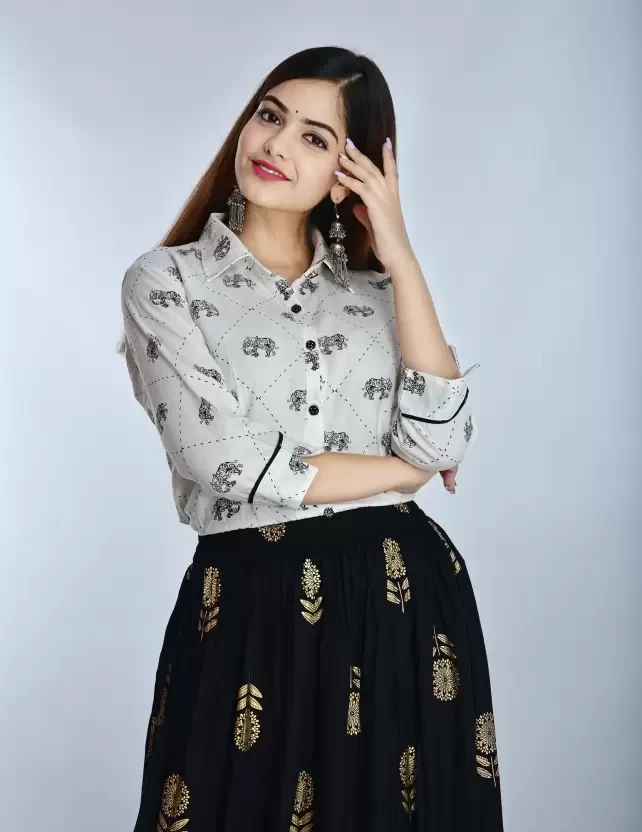 Women Ethnic Top and Skirt Set Cotton Blend