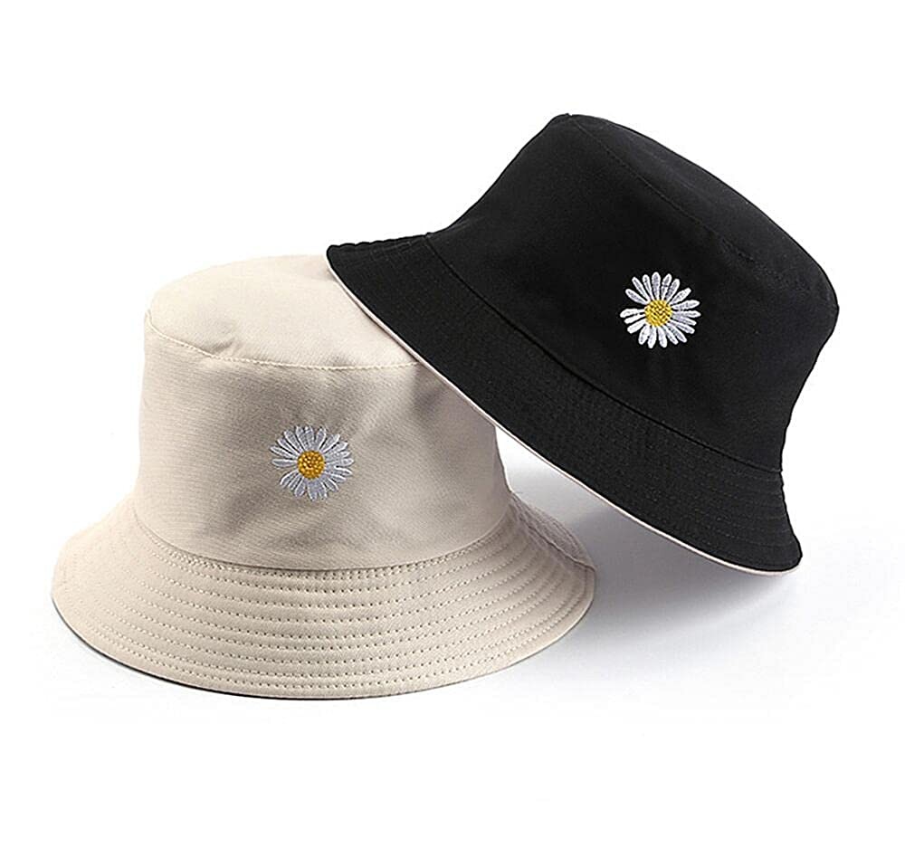 NewYouth Reversible Bucket Hat for Women Double Sided Wear Packable Summer Travel Beach Sun Hat Daisy Hat Unisex Outdoor Cap （A Double Faced hat）