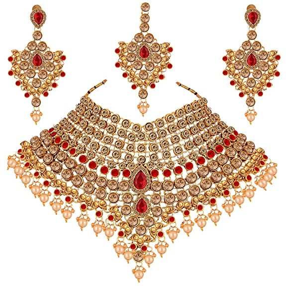 Lucky Jewellery LCT Red Bridal Dulhan Wedding & Engagement Necklace Set with Mang Tikka Best for Bride Gold Red in Color (1815-L1SS-KD124-LCT-RED)