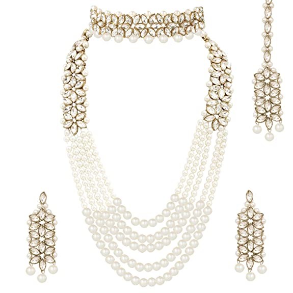 Peora Gold Plated Crystal Pearl Wedding Bridal Necklace Jewellery Set with Earring Maang Tikka for Women Girls