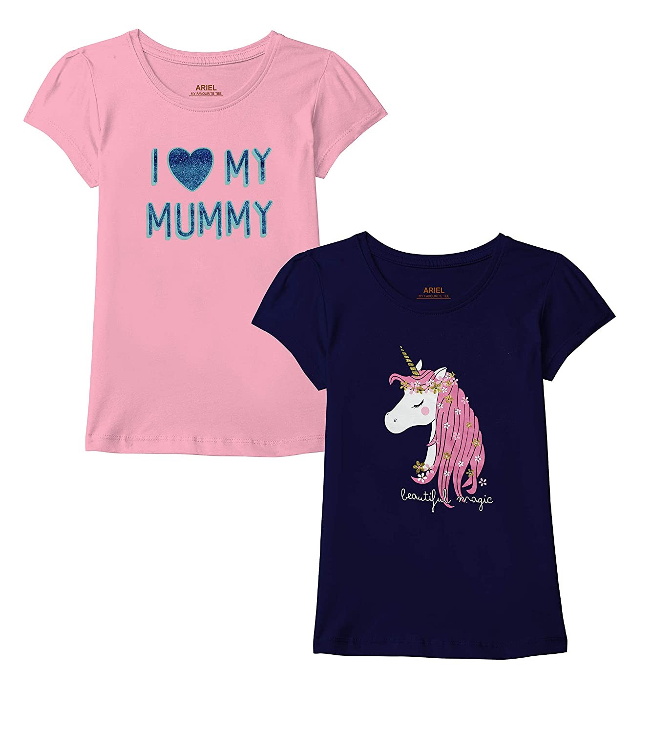 ARIEL Girls Regular Fit Half Sleeves Tshirt (Pack of 2)