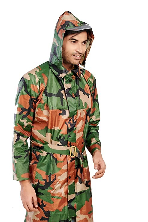 Aristocrat Rainwear Mens Army Print Long Raincoat Waterproof with Collar Adjustable Hood and Full Sleeve Stylish Full Workwear Barsati Rain Suit with Pockets and Belt
