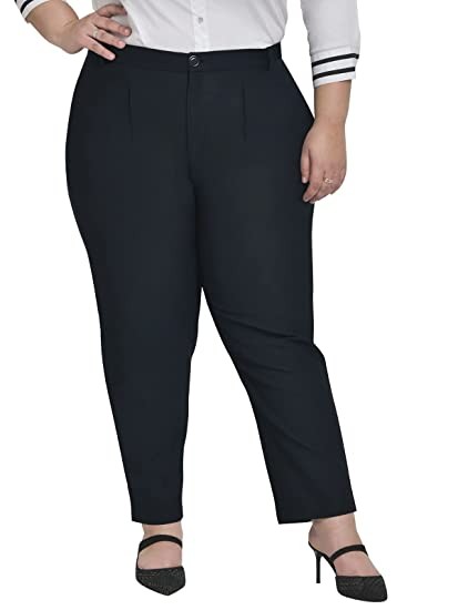 wild U Women Western Plus Size Mid Waist Formal Cotton Trouser (Navy Blue, Waist : 36"-44”)