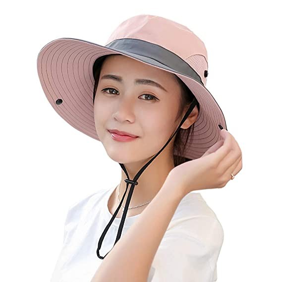 PALAY® Women's Outdoor UV Protection Foldable Mesh Wide Brim Beach Fishing Hat (Pink)