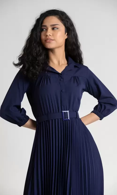 Women Pleated Blue Dress