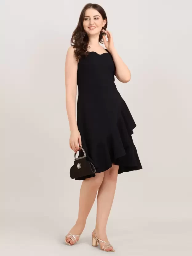 Women Ruffled Black Dress
