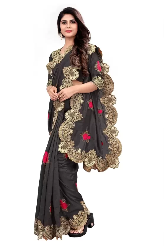Embroidered, Embellished Fashion Vichitra Saree  (Grey)