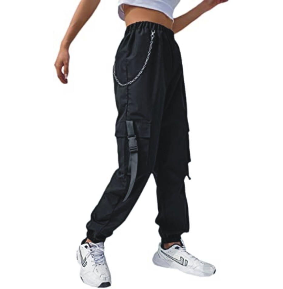 DIDK Women's High Waisted Flap Pocket Solid Jogger Cargo Pants with Chain