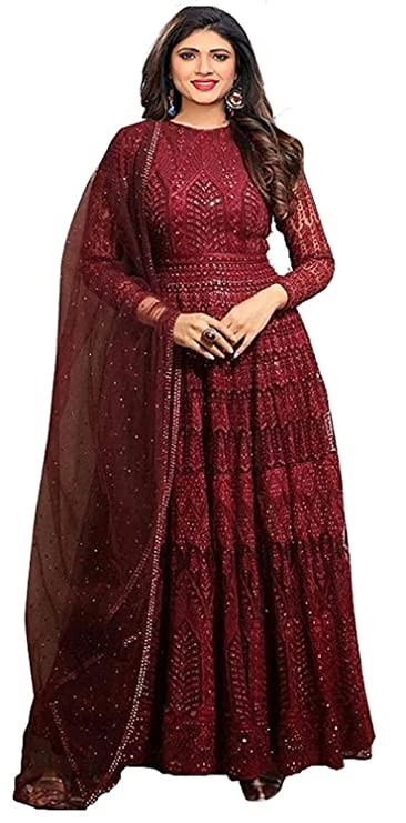 Ethnic Yard Women's Georgette Semi Stitched Anarkali Gown(SSEY-F1349_Red_Free Size)