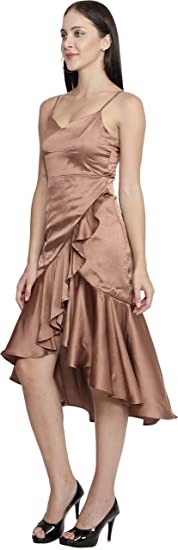 NUEVOSDAMAS Women Satin Lycra Solid Designer Dress | Latest Western Warp Frill Dress for Women | Slim Fit Sweetheart Neck | Stylish Summer Adjuster Stripe Dresses_ Maroon/Beige/Brown/Black/