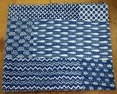 Kirti Textile and Handicraft Indigo Patchwork Kantha Quilt Twin Kantha Bedspread Handmade Kantha Bed Cover Cotton Kantha Coverlet Throw Home Decor Kantha Blanket