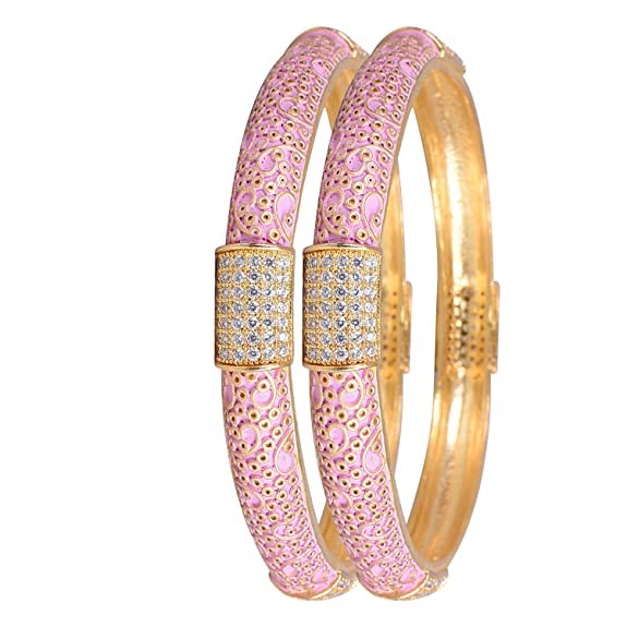 Ratnavali jewels American Diamond CZ Gold Plated Pink Meena Enamel White Bangles for Women/Girls RV3194P